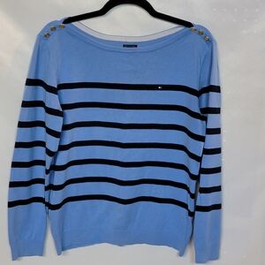 Tommy Hilfiger Prema Cotton Blend  Light Blue and Navy Striped Boatneck Sweater